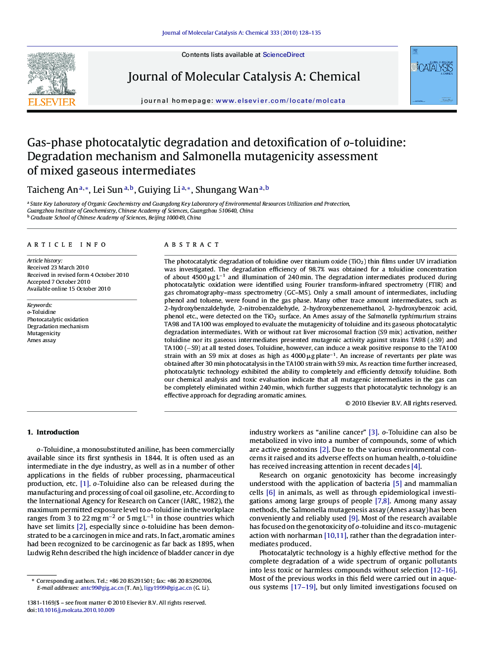 عکس صفحه اول مقاله: Gas-phase photocatalytic degradation and detoxification of o-toluidine: Degradation mechanism and Salmonella mutagenicity assessment of mixed gaseous intermediates Gas-phase photocatalytic degradation and detoxification of o-toluidine: Degradation mechanism and Salmonella mutagenicity assessment of mixed gaseous intermediates