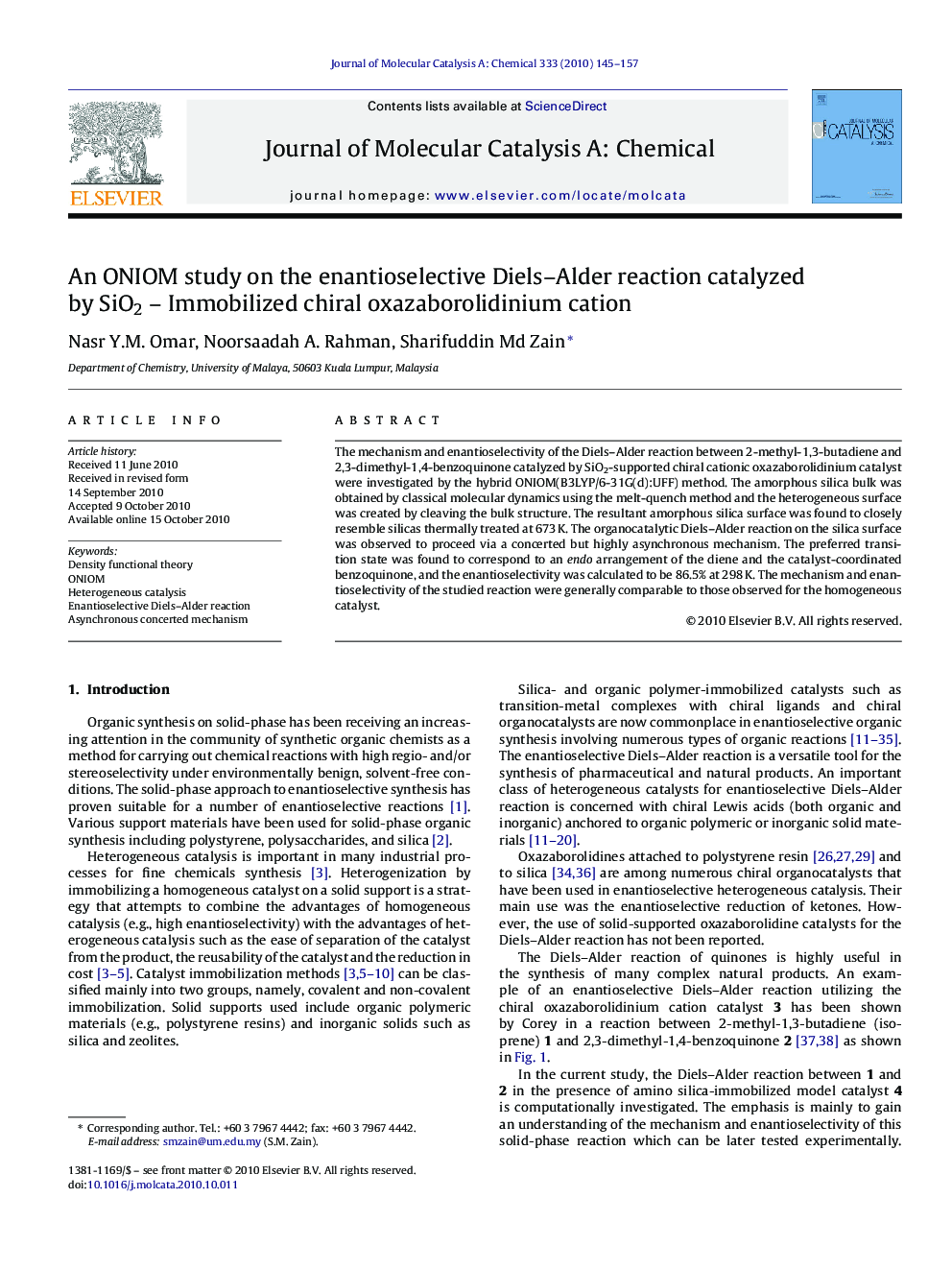 An ONIOM study on the enantioselective Diels–Alder reaction catalyzed by SiO2 – Immobilized chiral oxazaborolidinium cation