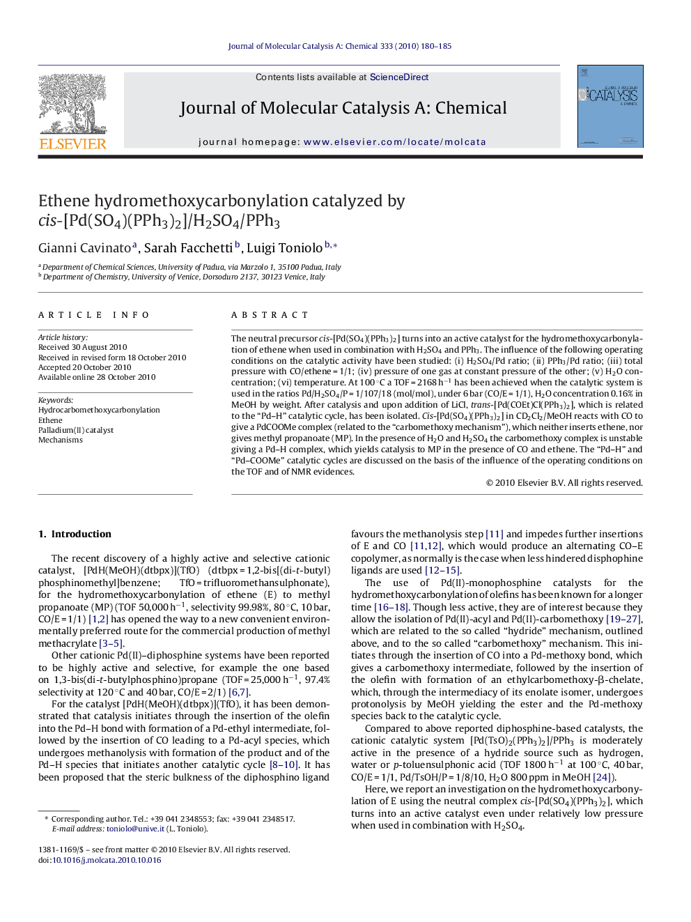 Ethene hydromethoxycarbonylation catalyzed by cis-[Pd(SO4)(PPh3)2]/H2SO4/PPh3