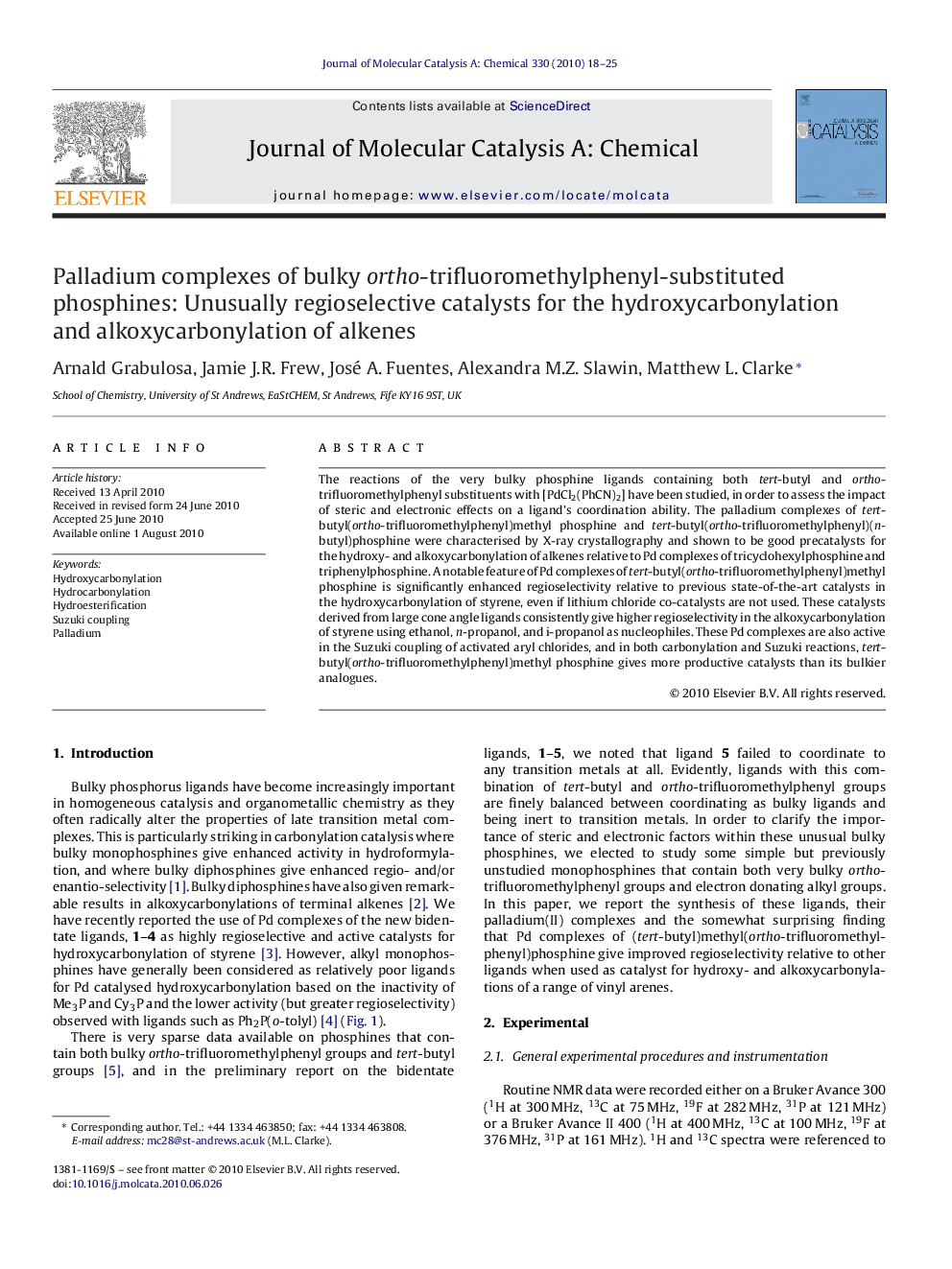 Palladium complexes of bulky ortho-trifluoromethylphenyl-substituted phosphines: Unusually regioselective catalysts for the hydroxycarbonylation and alkoxycarbonylation of alkenes