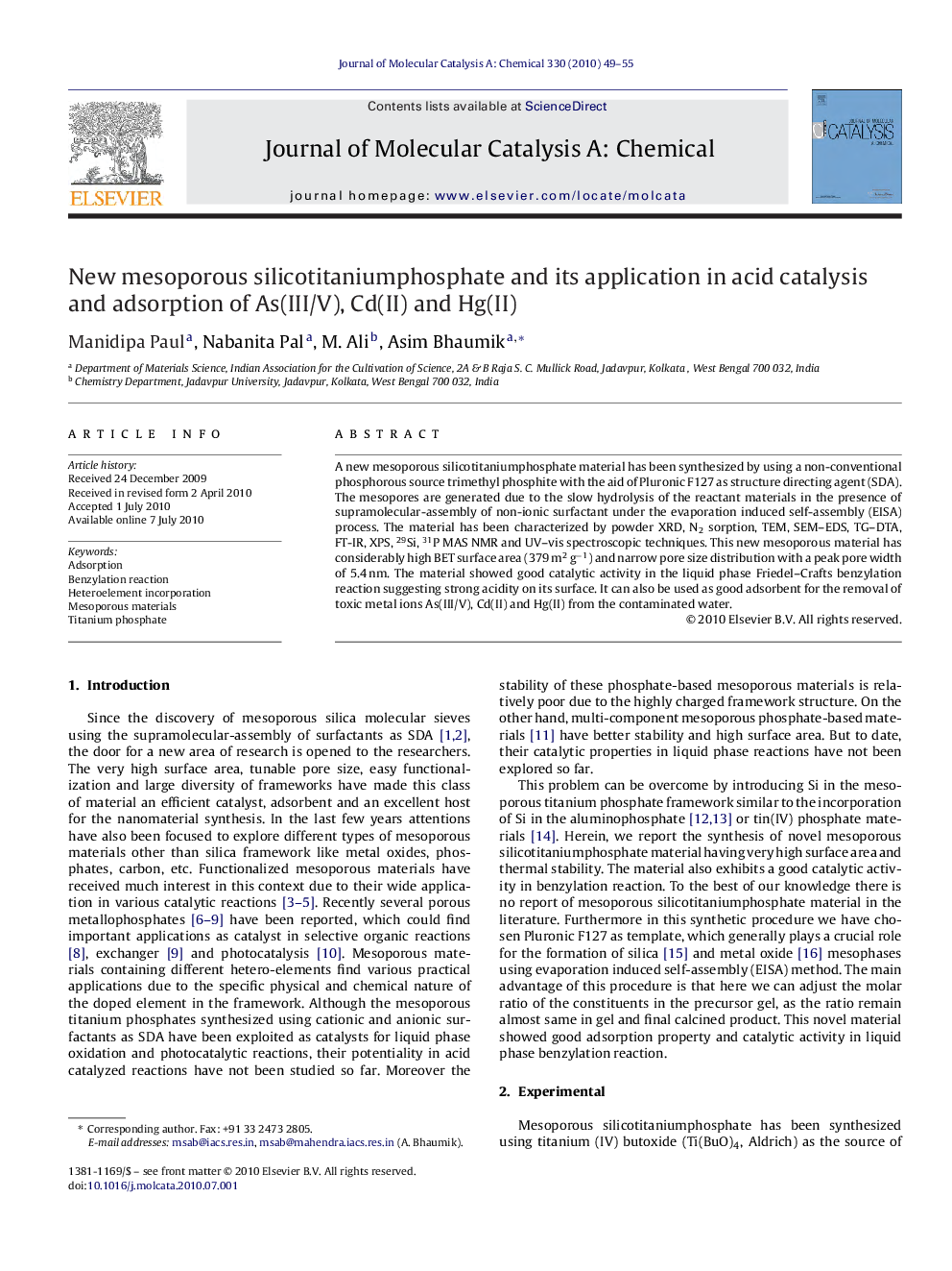 New mesoporous silicotitaniumphosphate and its application in acid catalysis and adsorption of As(III/V), Cd(II) and Hg(II)