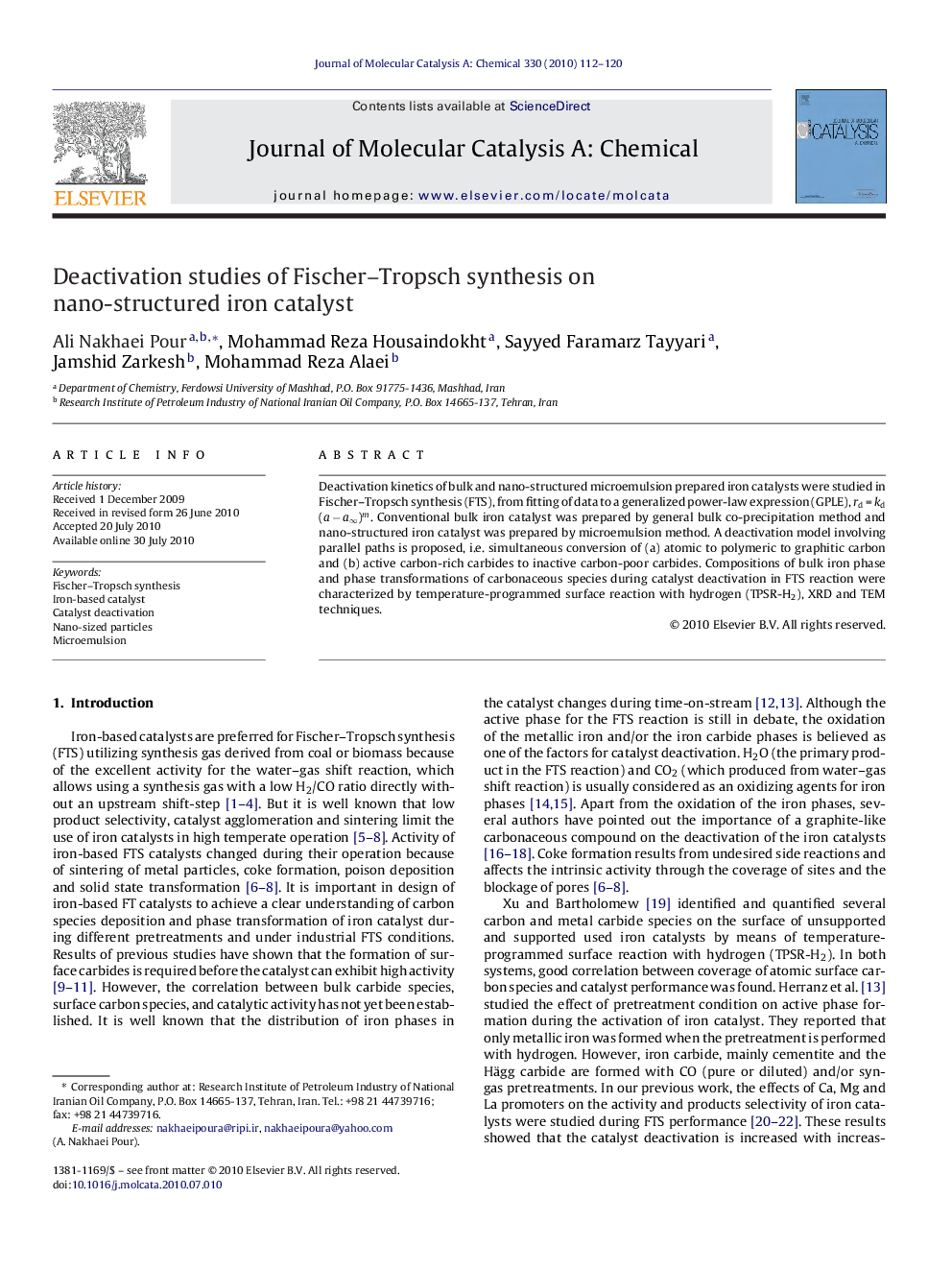 Deactivation studies of Fischer–Tropsch synthesis on nano-structured iron catalyst