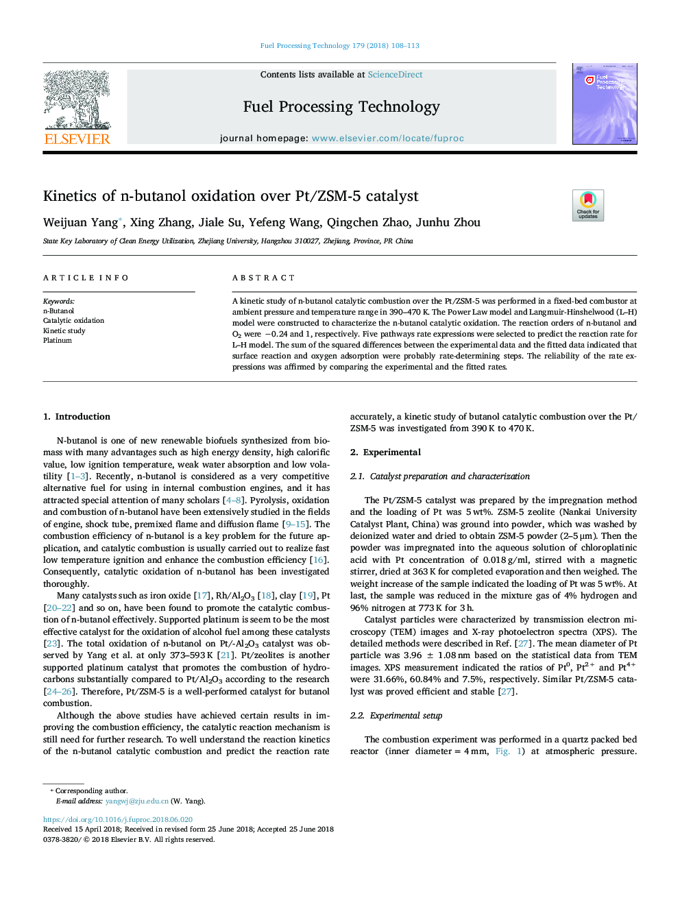 Kinetics of n-butanol oxidation over Pt/ZSM-5 catalyst