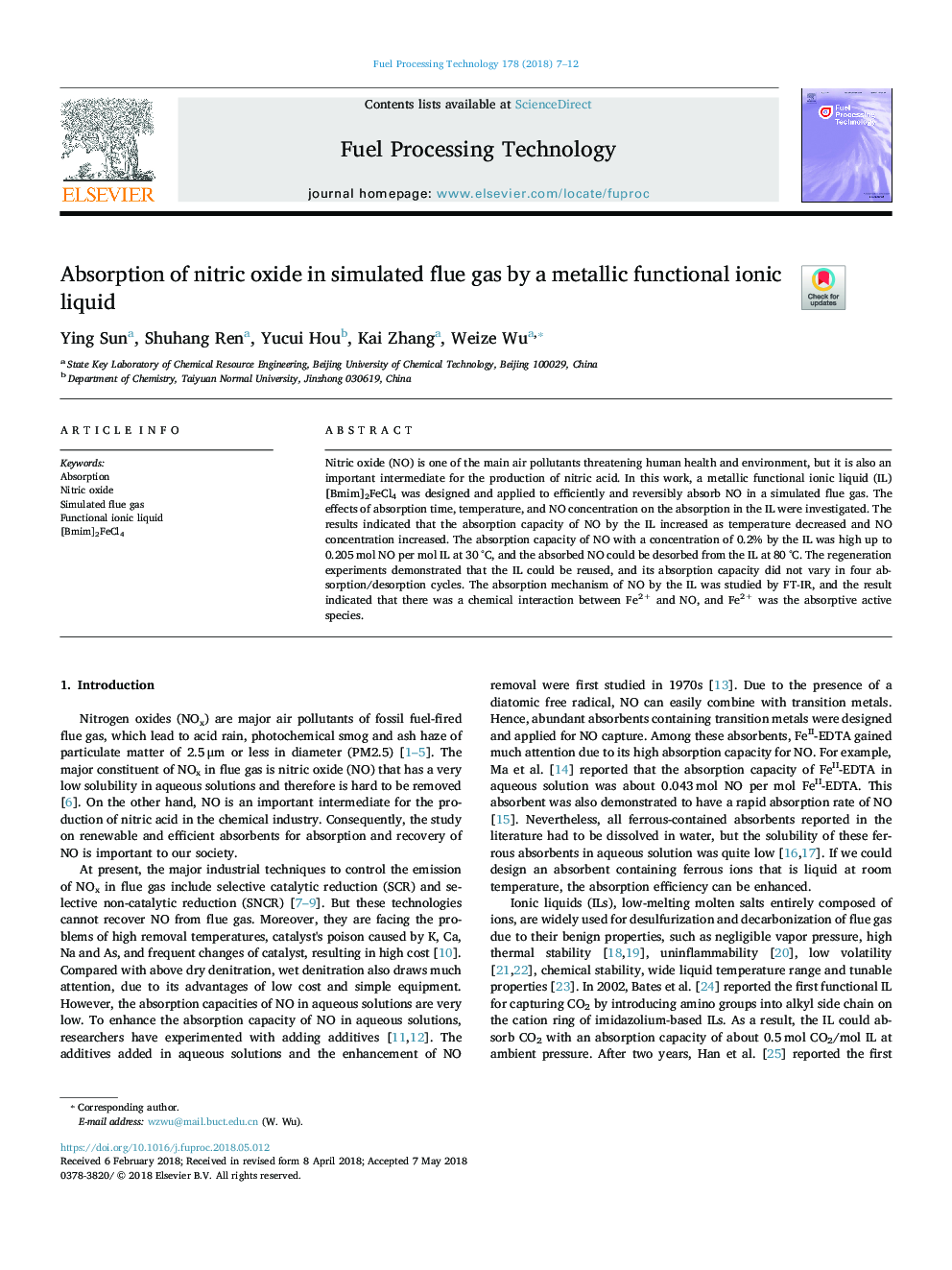 Absorption of nitric oxide in simulated flue gas by a metallic functional ionic liquid