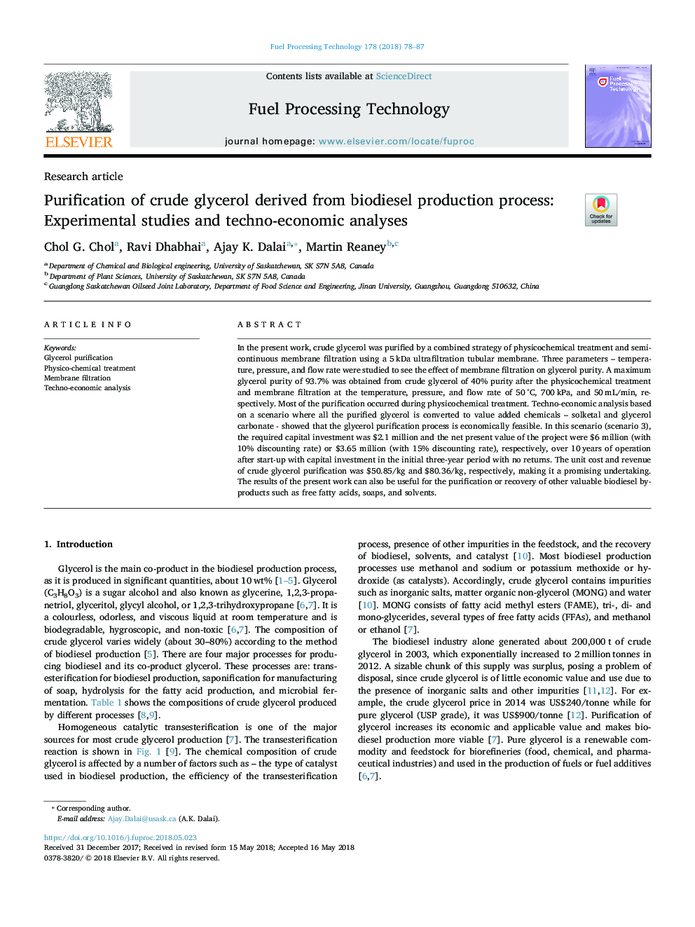 خالص سازی گلیسرول خام حاصل از فرایند تولید بیودیزل: مطالعات تجربی و تجزیه و تحلیل های فنی و اقتصادی 