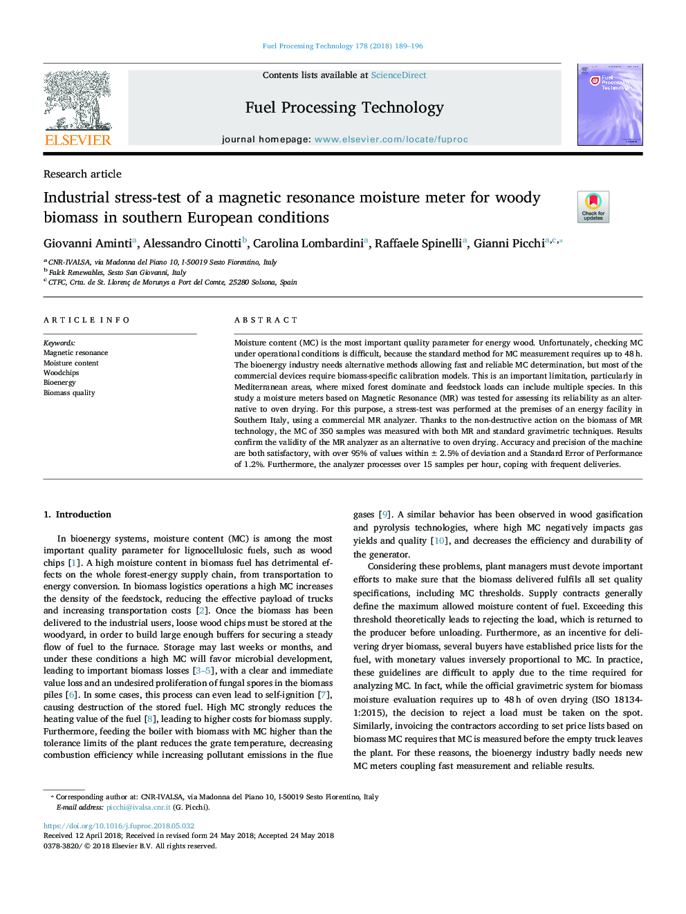 Industrial stress-test of a magnetic resonance moisture meter for woody biomass in southern European conditions