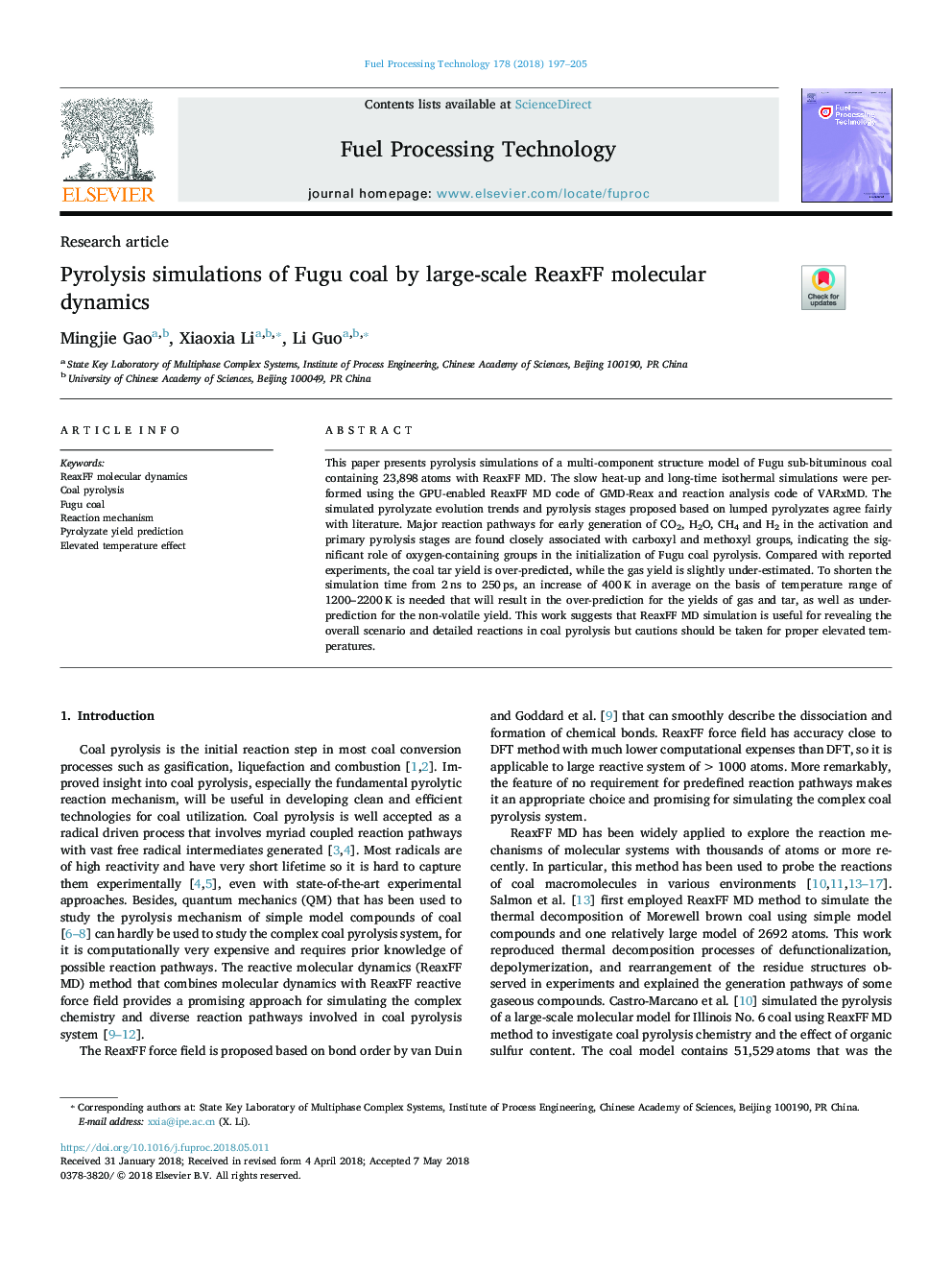 Pyrolysis simulations of Fugu coal by large-scale ReaxFF molecular dynamics