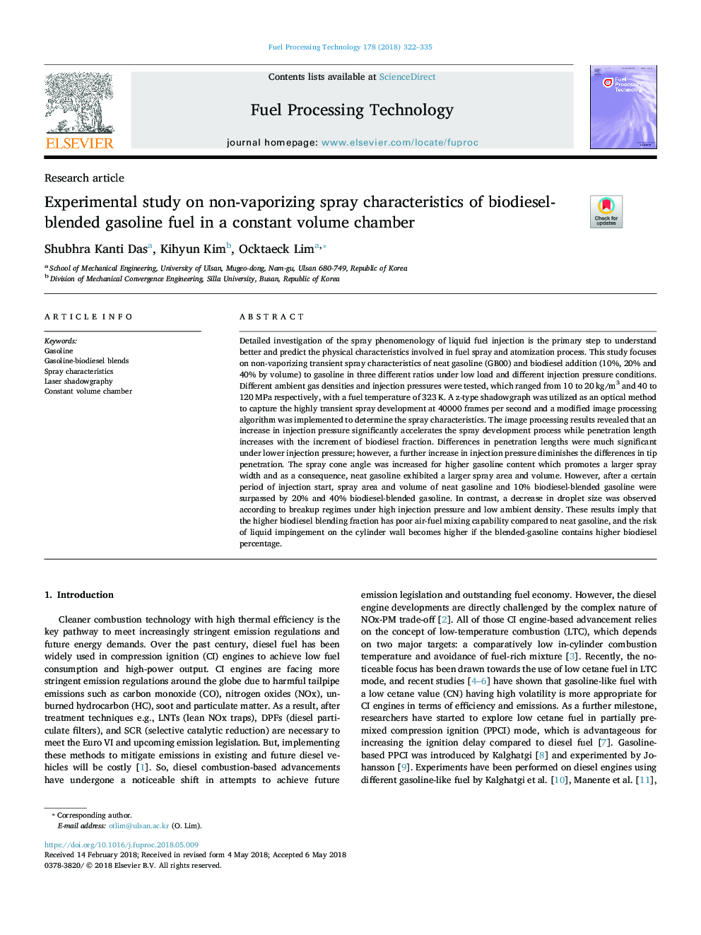 Experimental study on non-vaporizing spray characteristics of biodiesel-blended gasoline fuel in a constant volume chamber