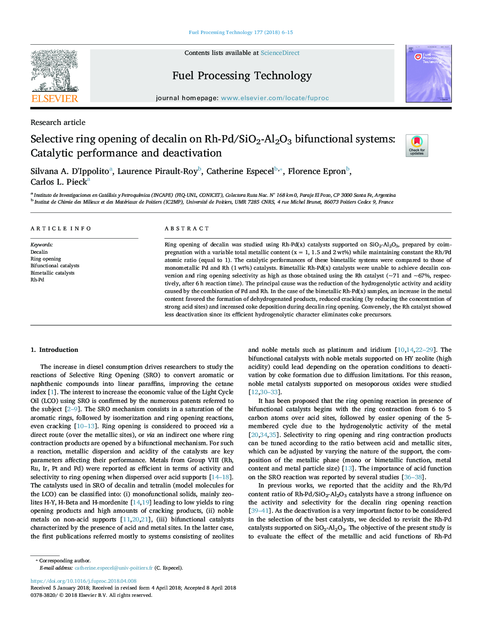 Selective ring opening of decalin on Rh-Pd/SiO2-Al2O3 bifunctional systems: Catalytic performance and deactivation