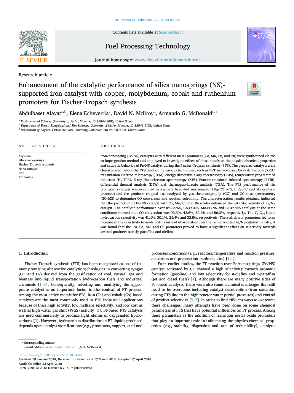 Enhancement of the catalytic performance of silica nanosprings (NS)-supported iron catalyst with copper, molybdenum, cobalt and ruthenium promoters for Fischer-Tropsch synthesis