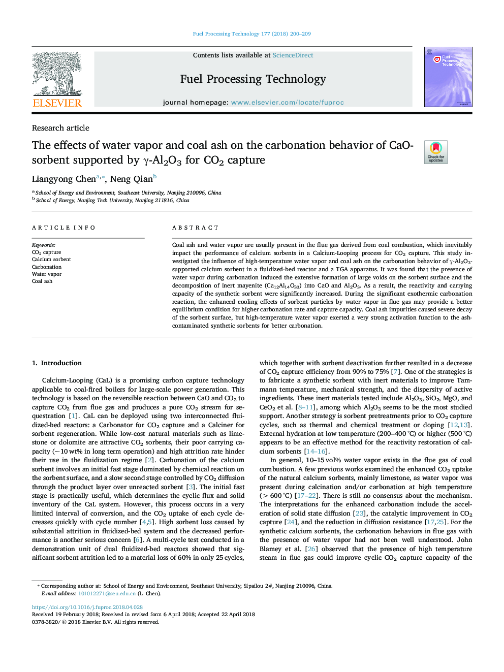 The effects of water vapor and coal ash on the carbonation behavior of CaO-sorbent supported by Î³-Al2O3 for CO2 capture