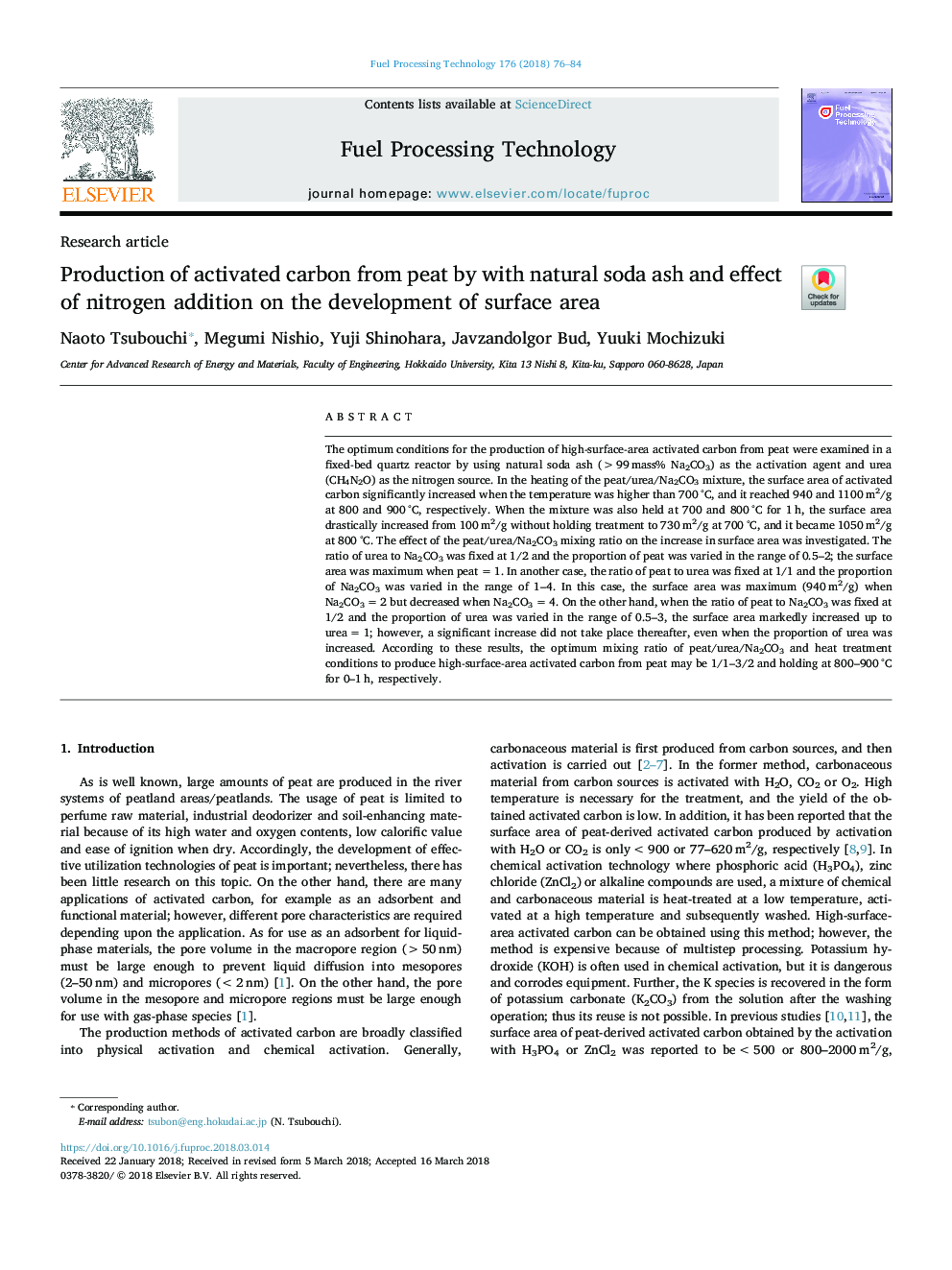 Production of activated carbon from peat by with natural soda ash and effect of nitrogen addition on the development of surface area