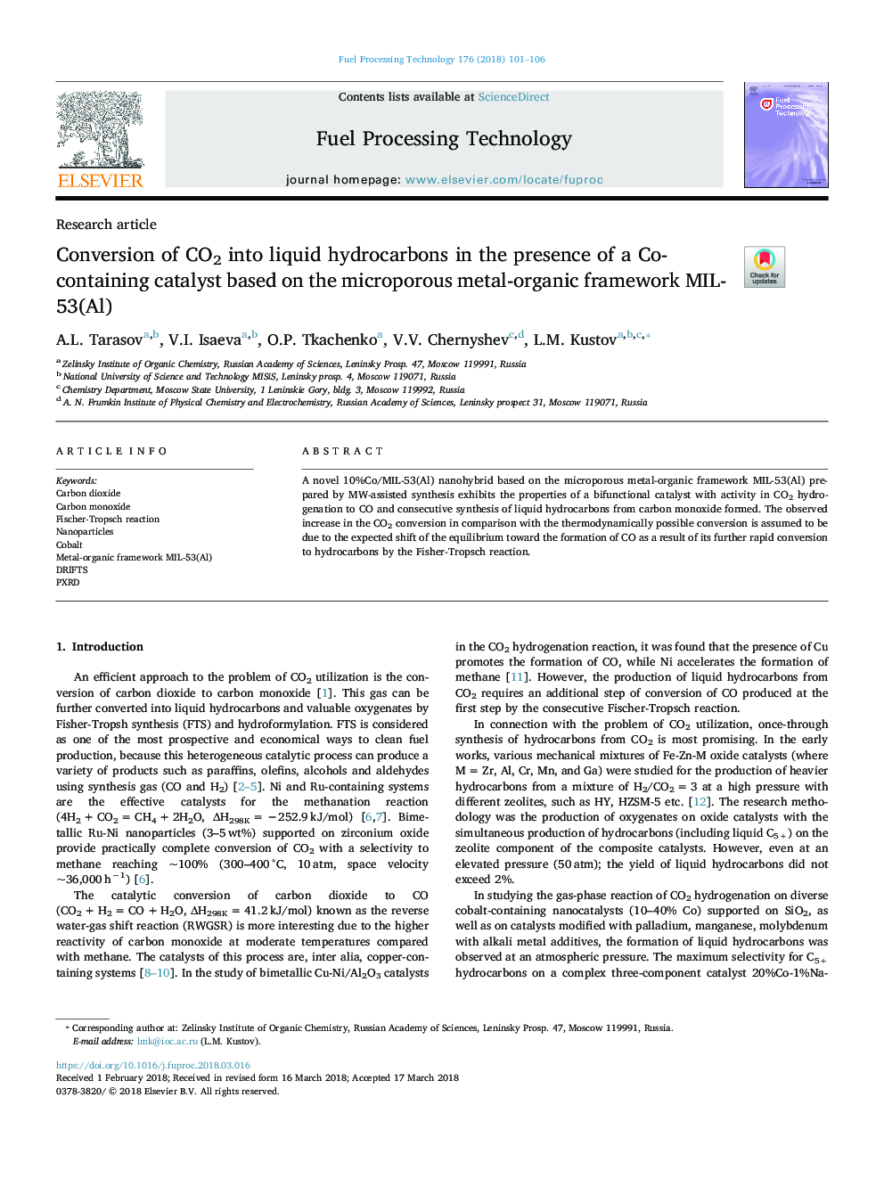 Conversion of CO2 into liquid hydrocarbons in the presence of a Co-containing catalyst based on the microporous metal-organic framework MIL-53(Al)