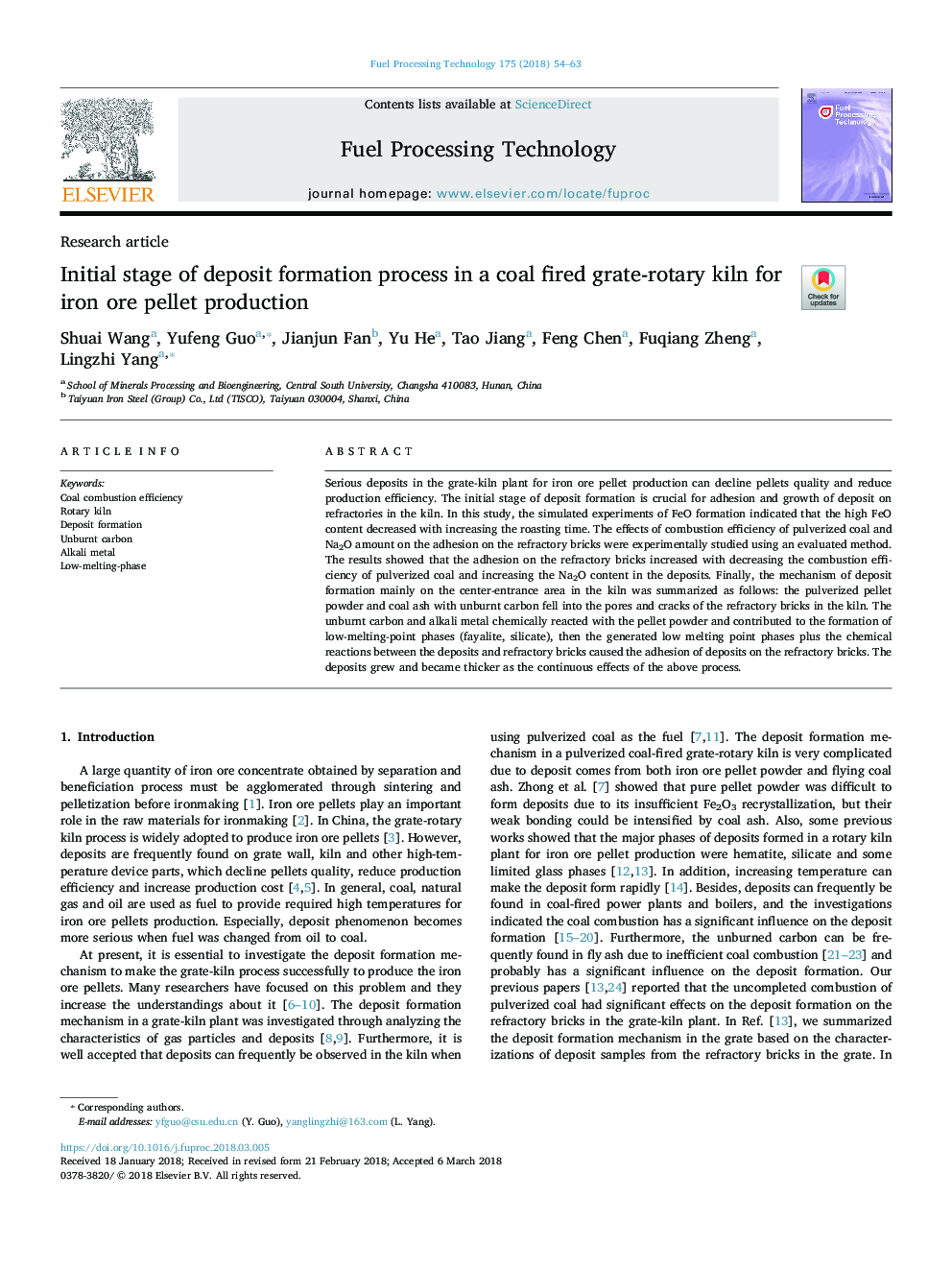 Initial stage of deposit formation process in a coal fired grate-rotary kiln for iron ore pellet production