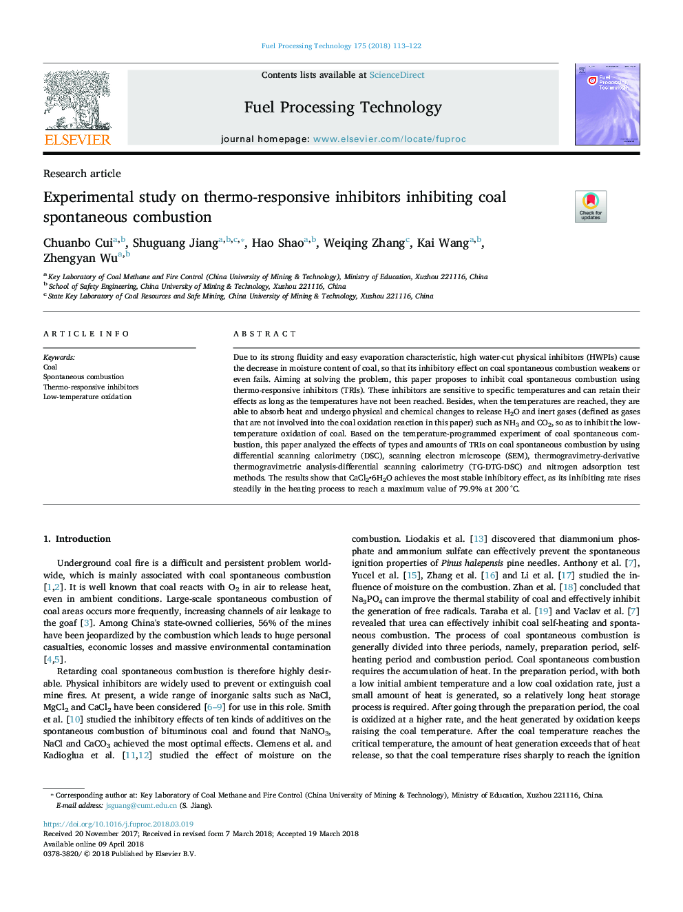 Experimental study on thermo-responsive inhibitors inhibiting coal spontaneous combustion