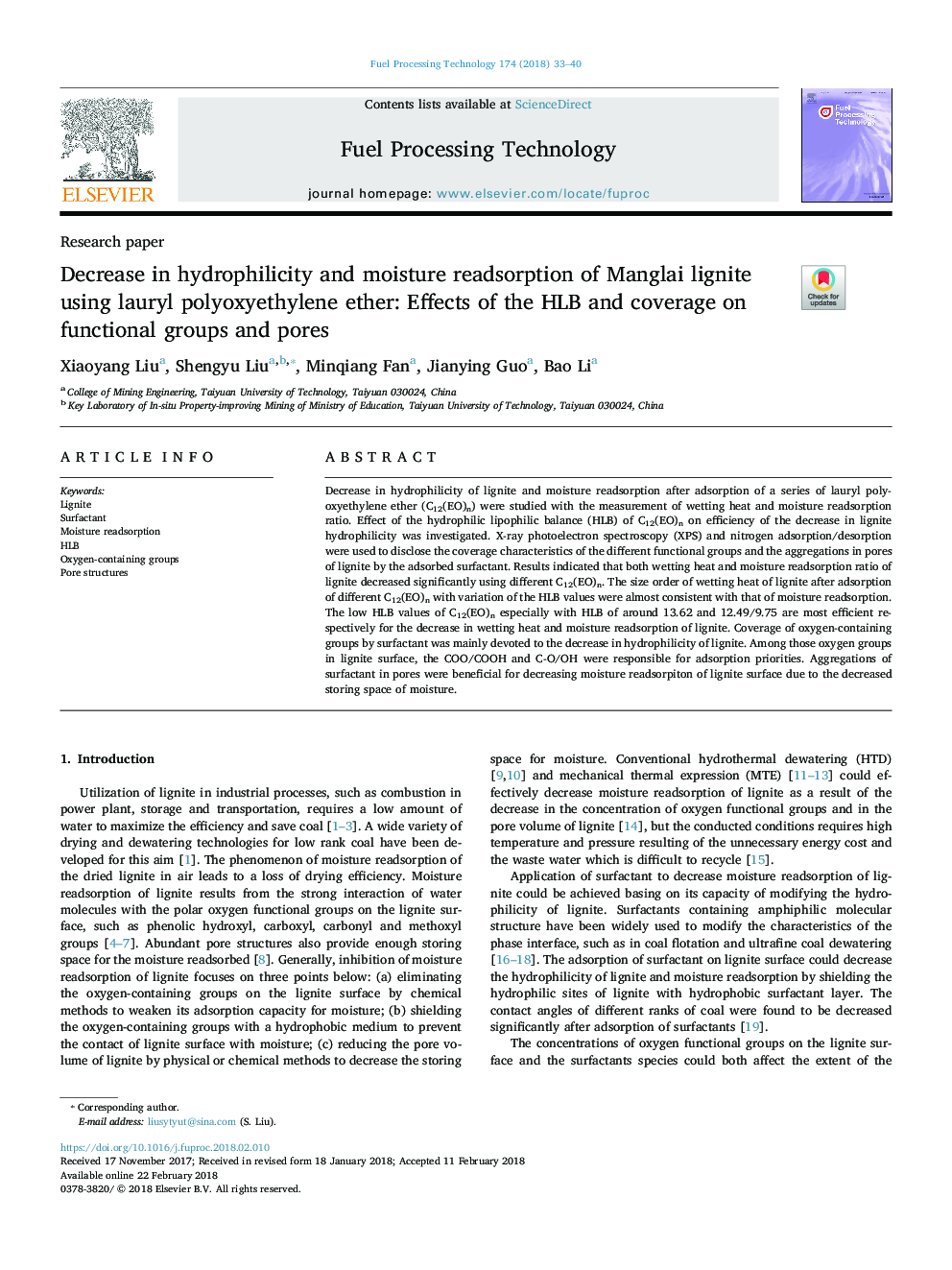 Decrease in hydrophilicity and moisture readsorption of Manglai lignite using lauryl polyoxyethylene ether: Effects of the HLB and coverage on functional groups and pores