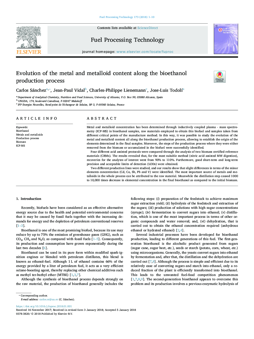 Evolution of the metal and metalloid content along the bioethanol production process