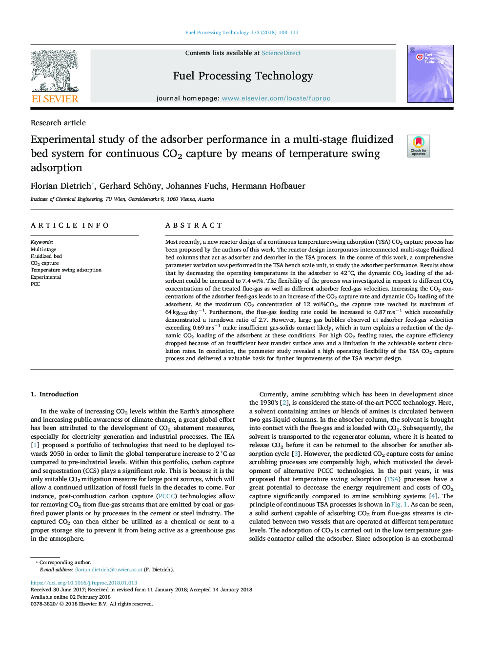 Experimental study of the adsorber performance in a multi-stage fluidized bed system for continuous CO2 capture by means of temperature swing adsorption