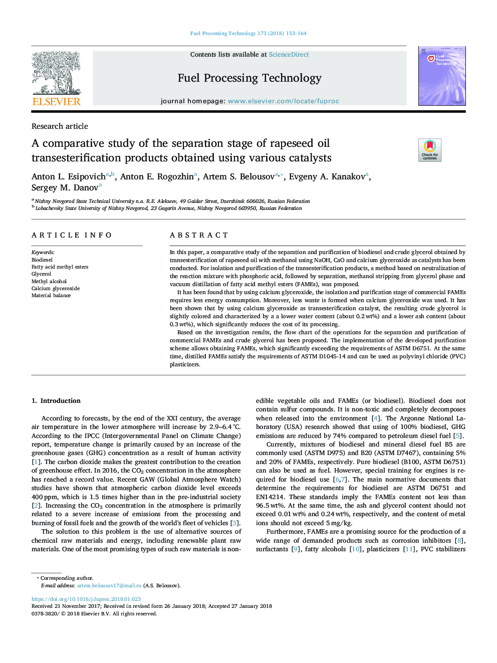 A comparative study of the separation stage of rapeseed oil transesterification products obtained using various catalysts