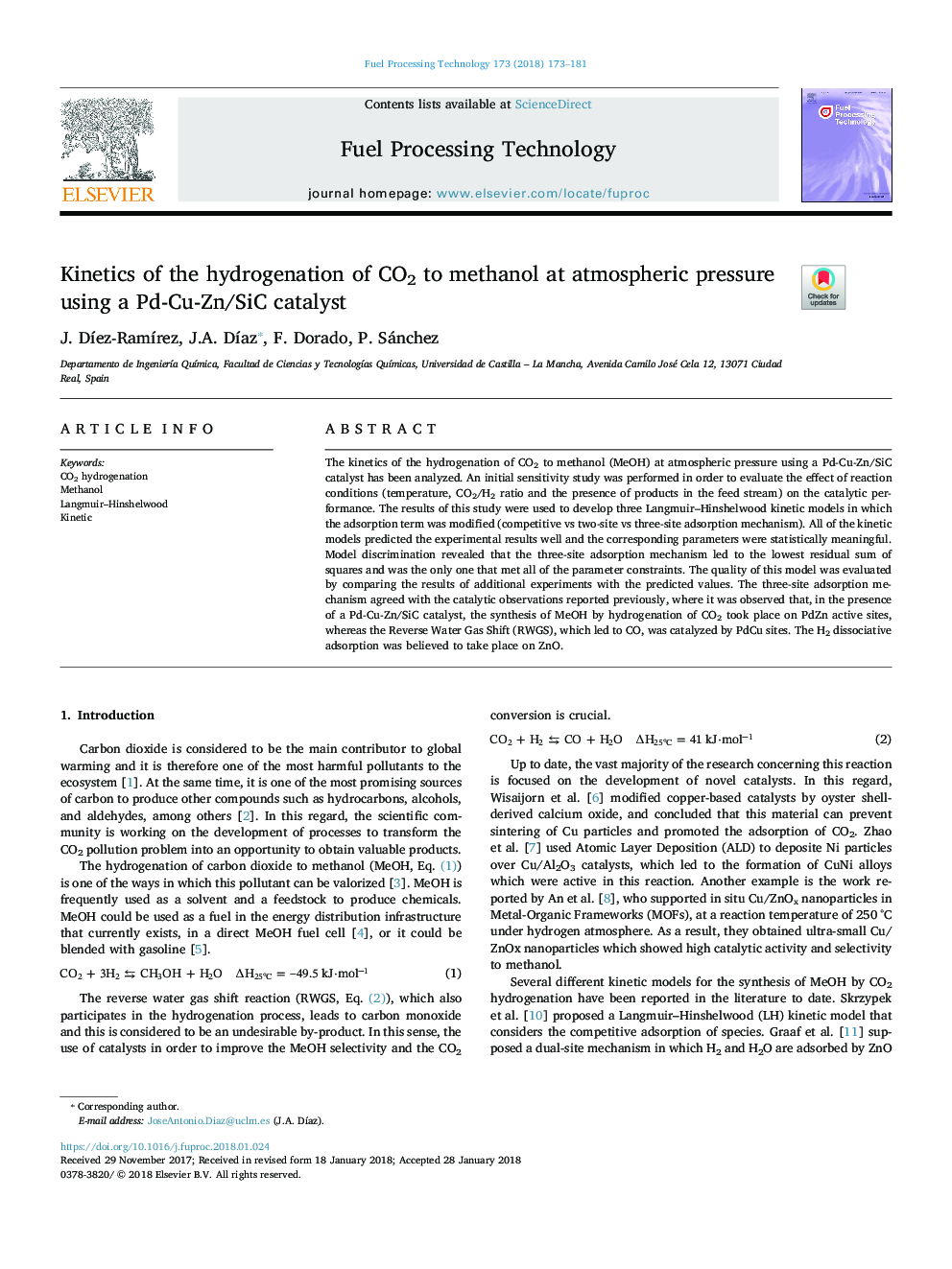 Kinetics of the hydrogenation of CO2 to methanol at atmospheric pressure using a Pd-Cu-Zn/SiC catalyst