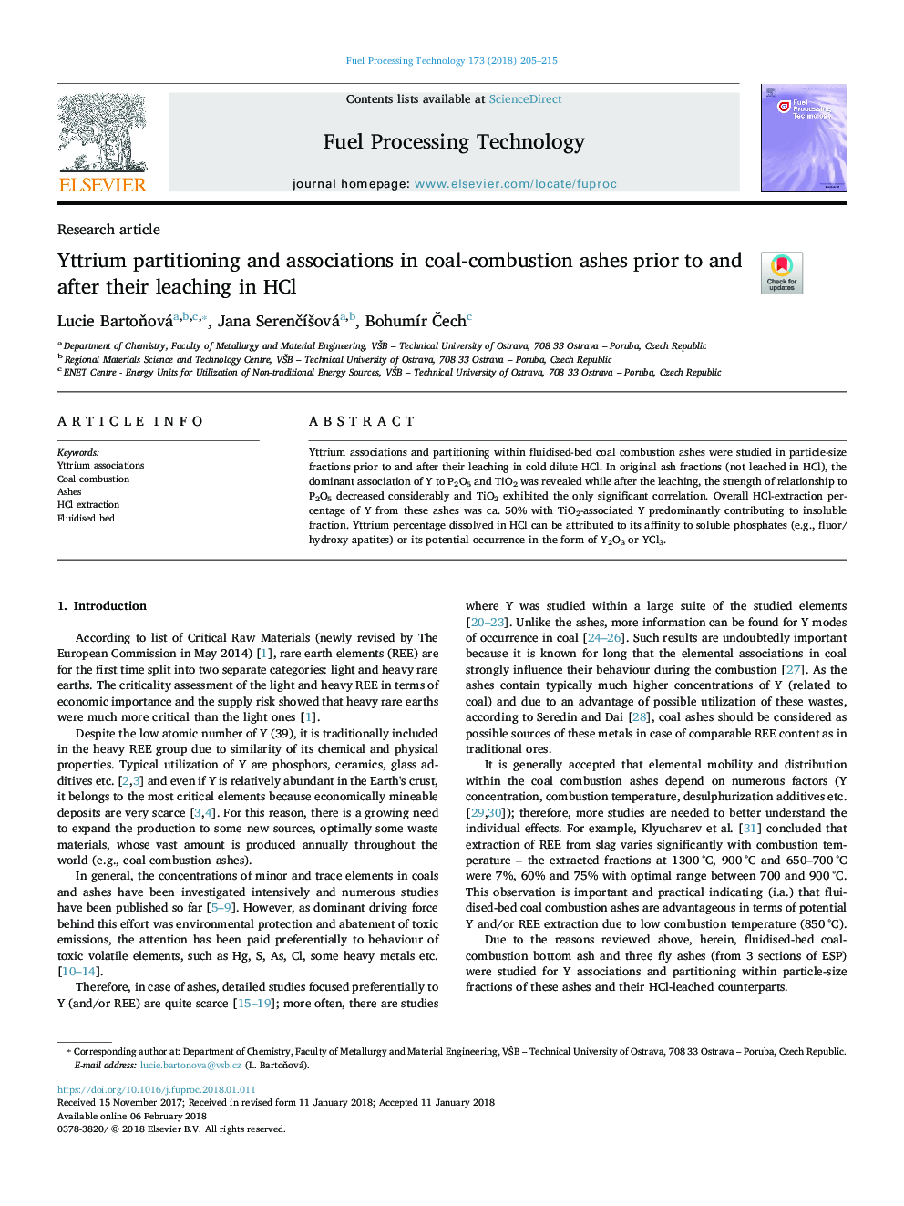 Yttrium partitioning and associations in coal-combustion ashes prior to and after their leaching in HCl