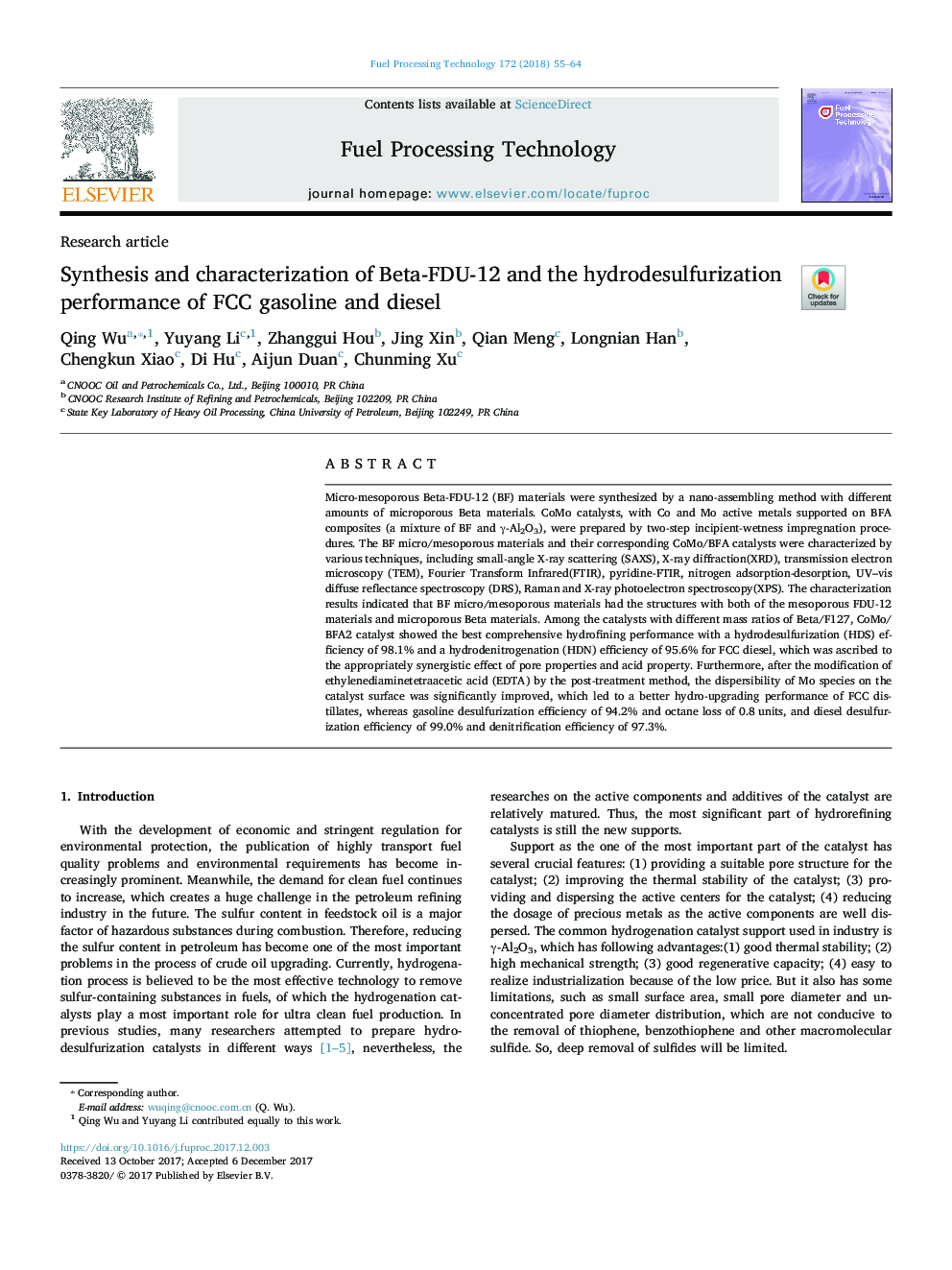 Synthesis and characterization of Beta-FDU-12 and the hydrodesulfurization performance of FCC gasoline and diesel
