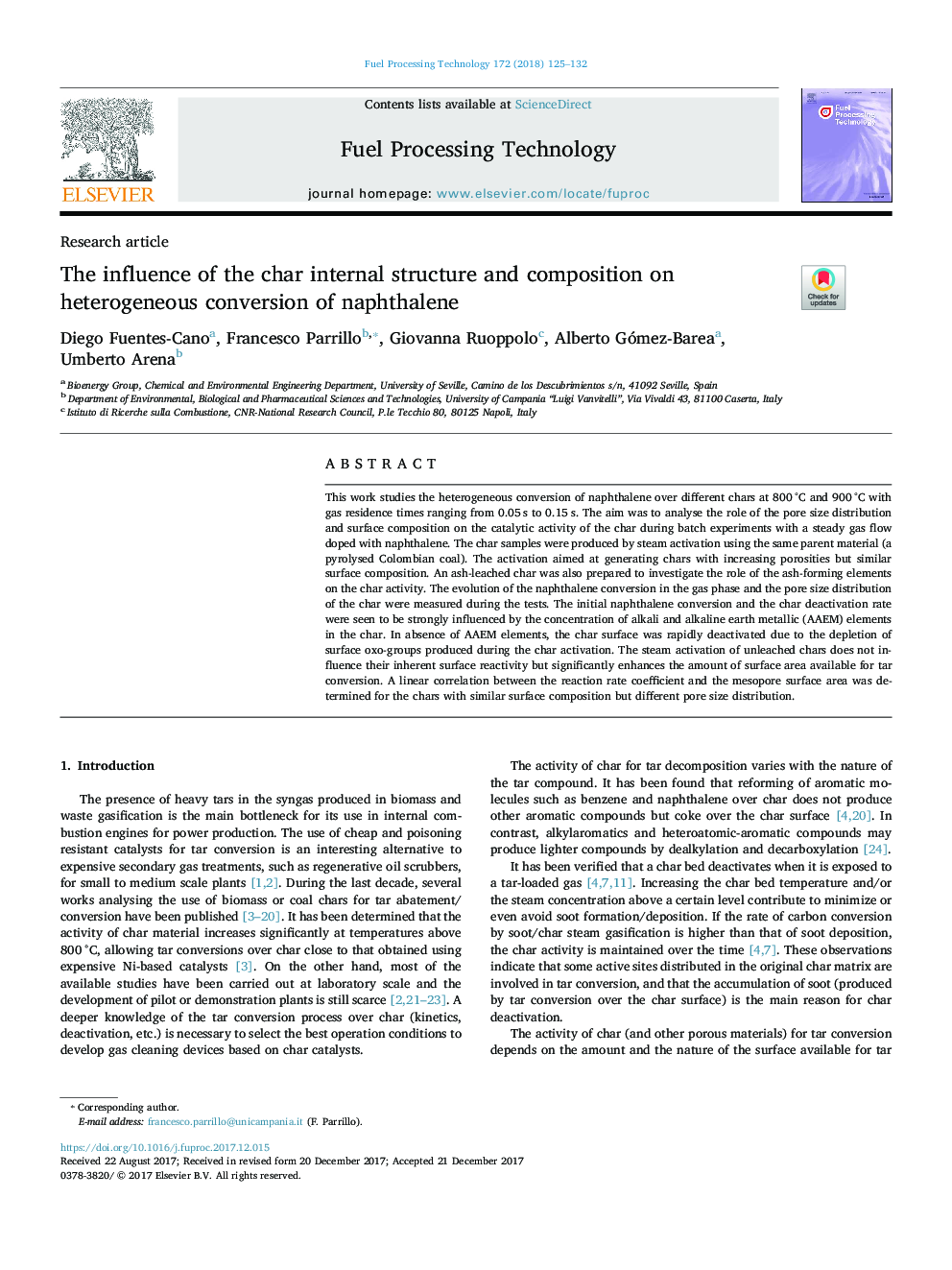 The influence of the char internal structure and composition on heterogeneous conversion of naphthalene