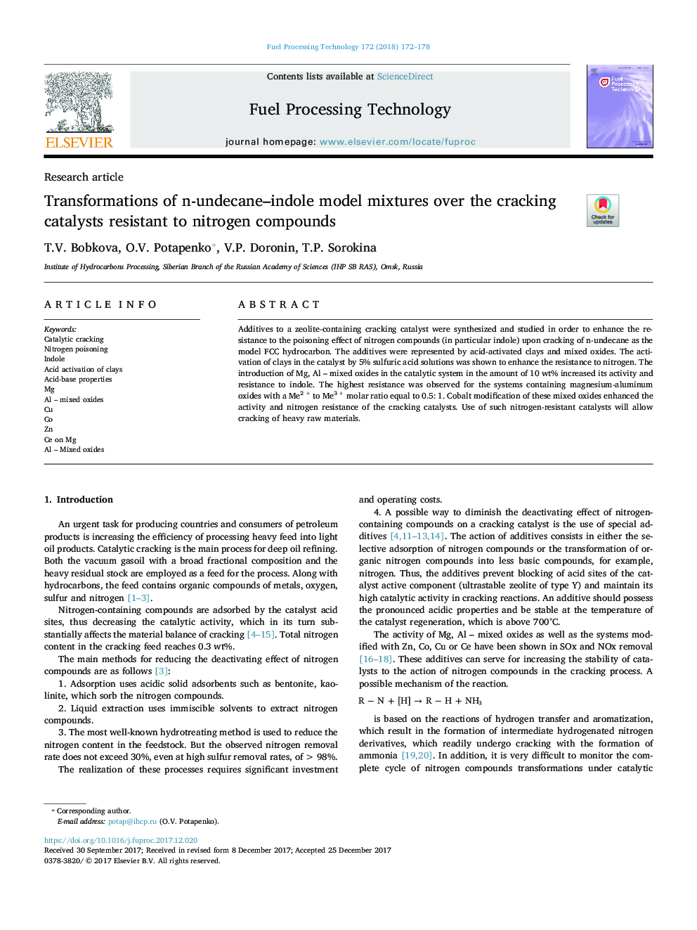 Transformations of n-undecane-indole model mixtures over the cracking catalysts resistant to nitrogen compounds