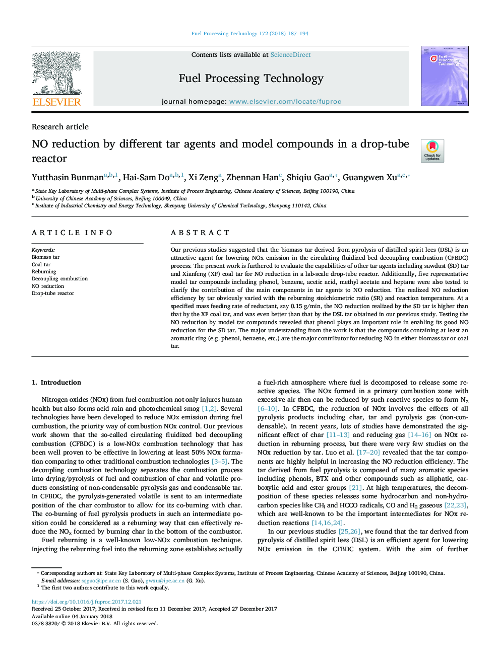 NO reduction by different tar agents and model compounds in a drop-tube reactor