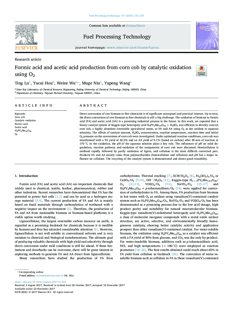 Formic acid and acetic acid production from corn cob by catalytic oxidation using O2