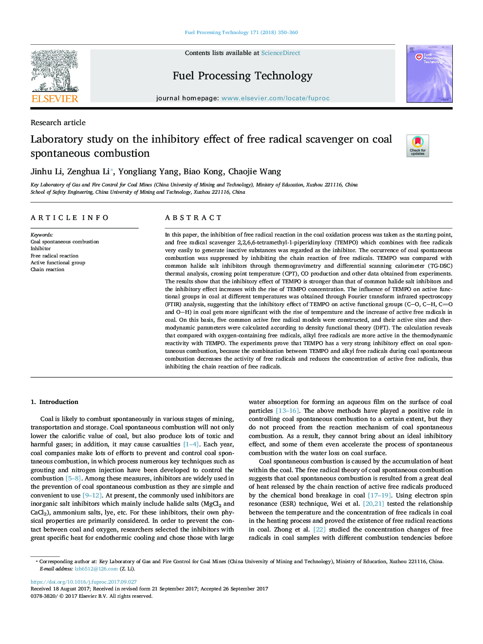 Laboratory study on the inhibitory effect of free radical scavenger on coal spontaneous combustion