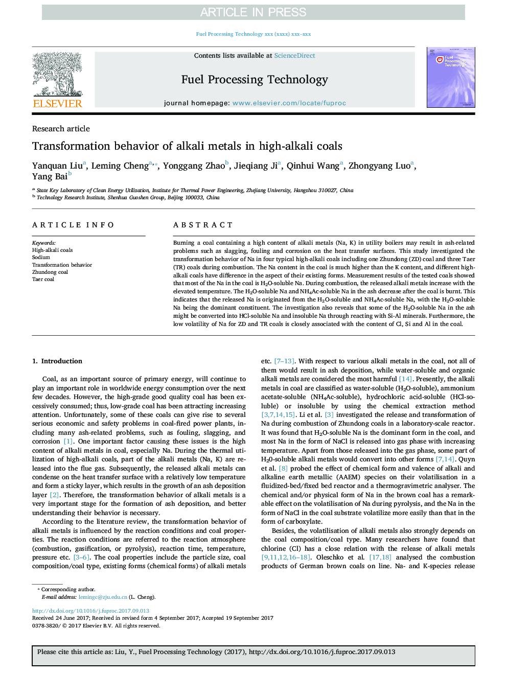 Transformation behavior of alkali metals in high-alkali coals
