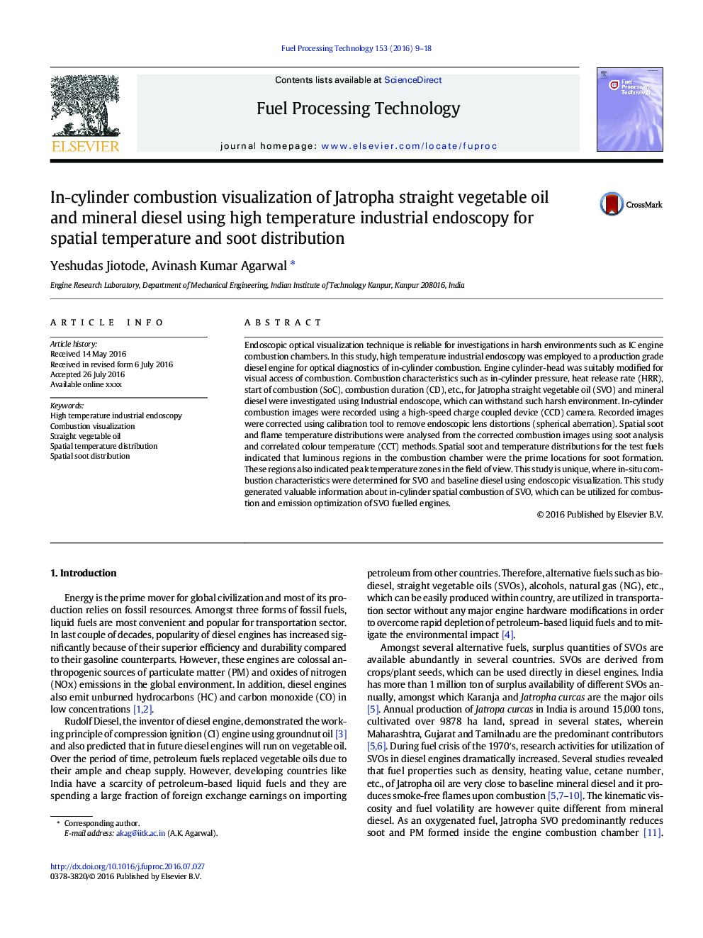 In-cylinder combustion visualization of Jatropha straight vegetable oil and mineral diesel using high temperature industrial endoscopy for spatial temperature and soot distribution