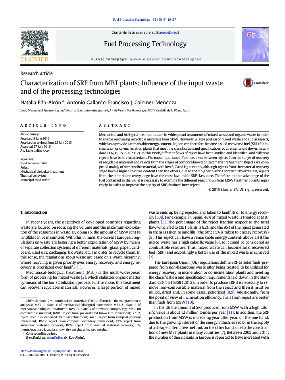 Characterization of SRF from MBT plants: Influence of the input waste and of the processing technologies