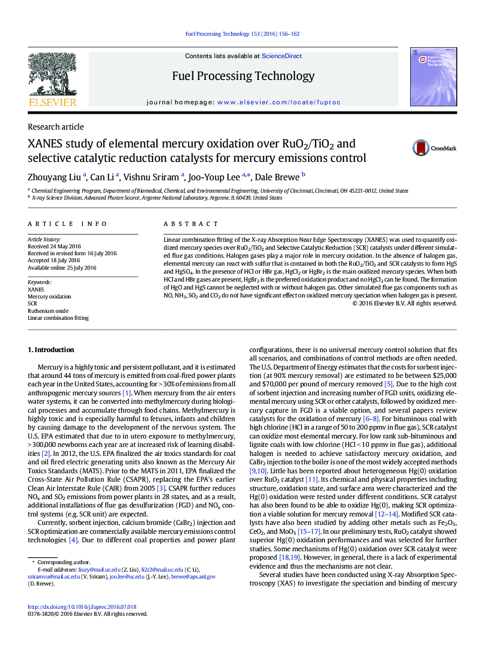 XANES study of elemental mercury oxidation over RuO2/TiO2 and selective catalytic reduction catalysts for mercury emissions control