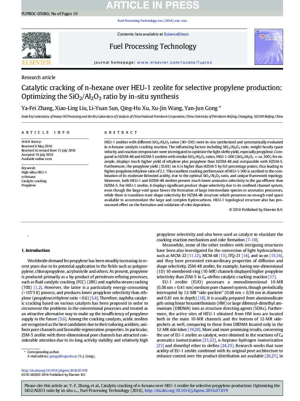 Catalytic cracking of n-hexane over HEU-1 zeolite for selective propylene production: Optimizing the SiO2/Al2O3 ratio by in-situ synthesis