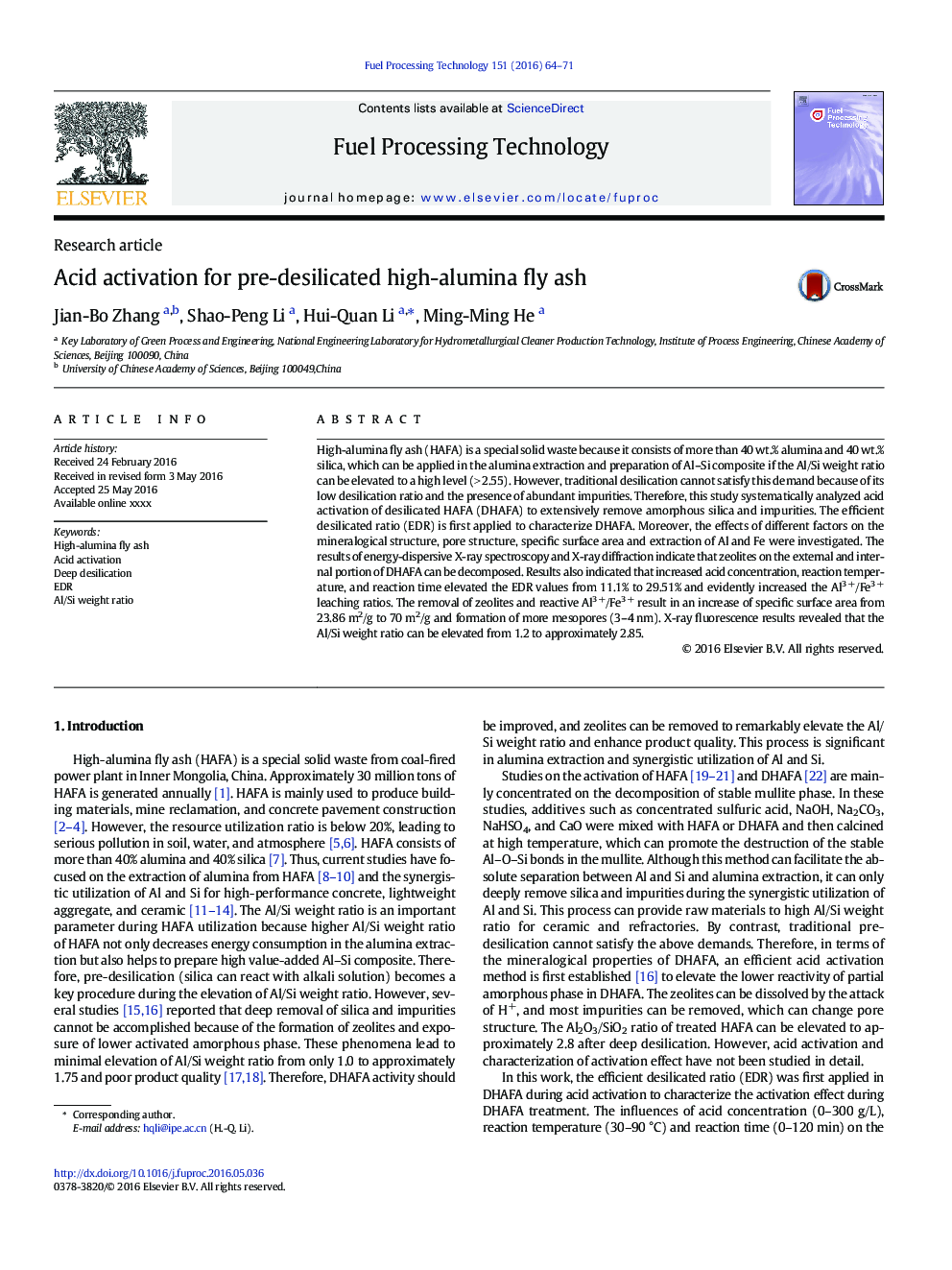 Acid activation for pre-desilicated high-alumina fly ash