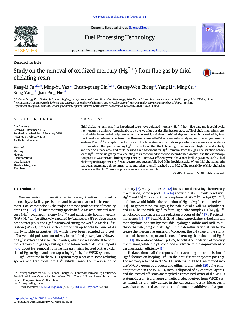 Study on the removal of oxidized mercury (Hg2Â +) from flue gas by thiol chelating resin