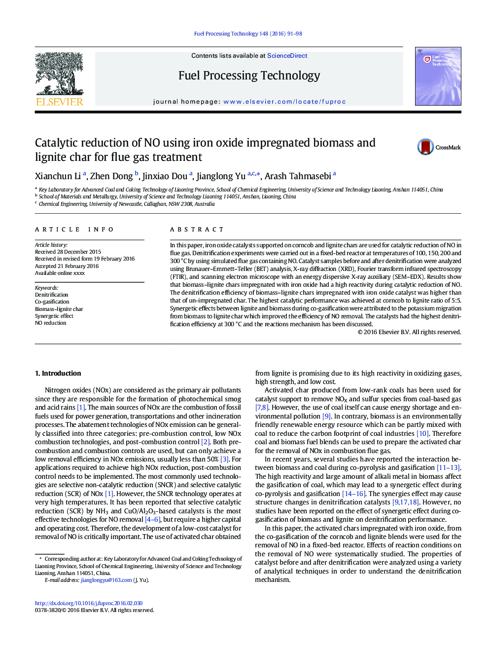 Catalytic reduction of NO using iron oxide impregnated biomass and lignite char for flue gas treatment