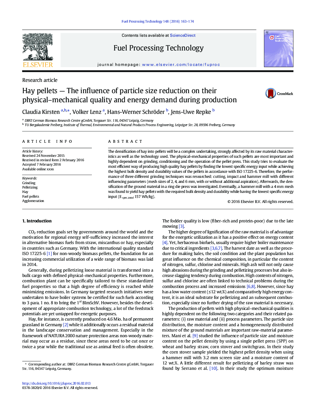 Hay pellets - The influence of particle size reduction on their physical-mechanical quality and energy demand during production