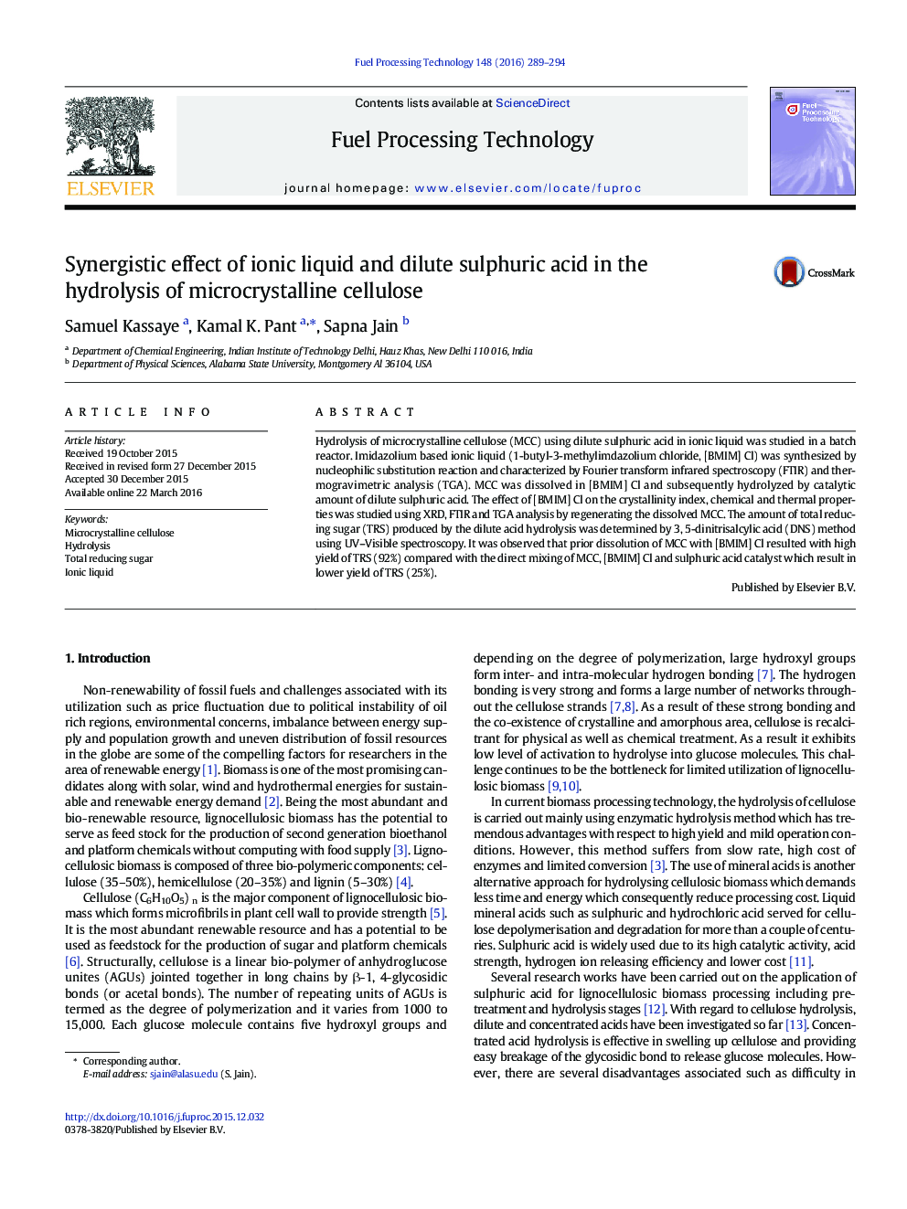 Synergistic effect of ionic liquid and dilute sulphuric acid in the hydrolysis of microcrystalline cellulose