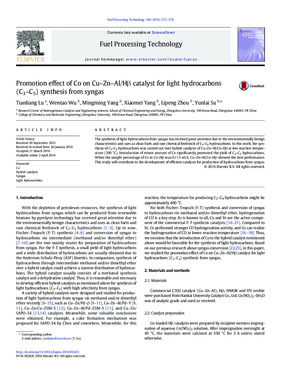 Promotion effect of Co on Cu-Zn-Al/HÎ² catalyst for light hydrocarbons (C3-C5) synthesis from syngas