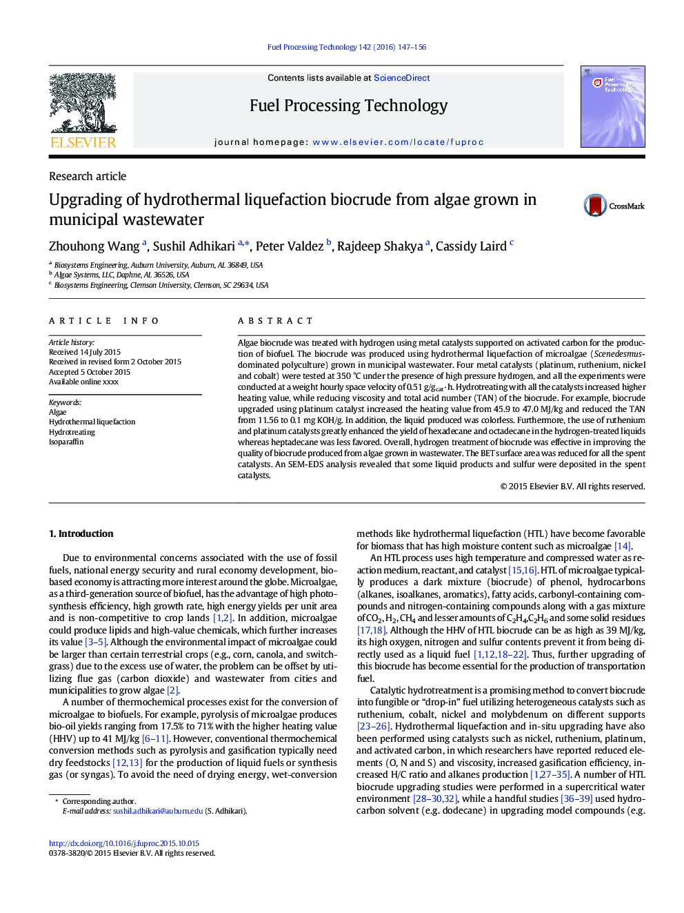 Upgrading of hydrothermal liquefaction biocrude from algae grown in municipal wastewater