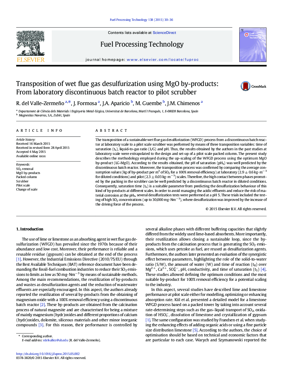 Transposition of wet flue gas desulfurization using MgO by-products: From laboratory discontinuous batch reactor to pilot scrubber