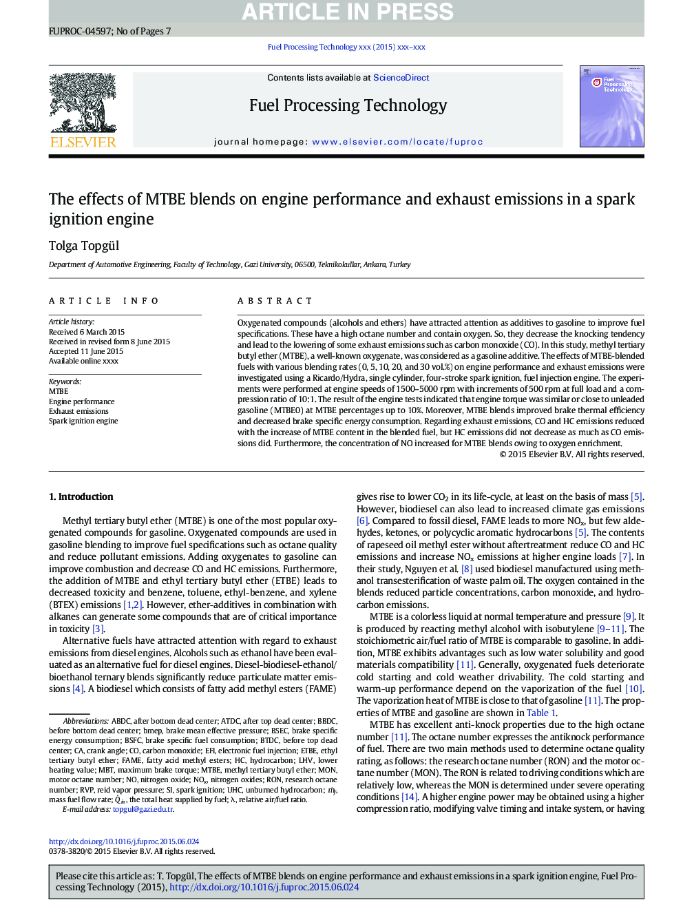 The effects of MTBE blends on engine performance and exhaust emissions in a spark ignition engine