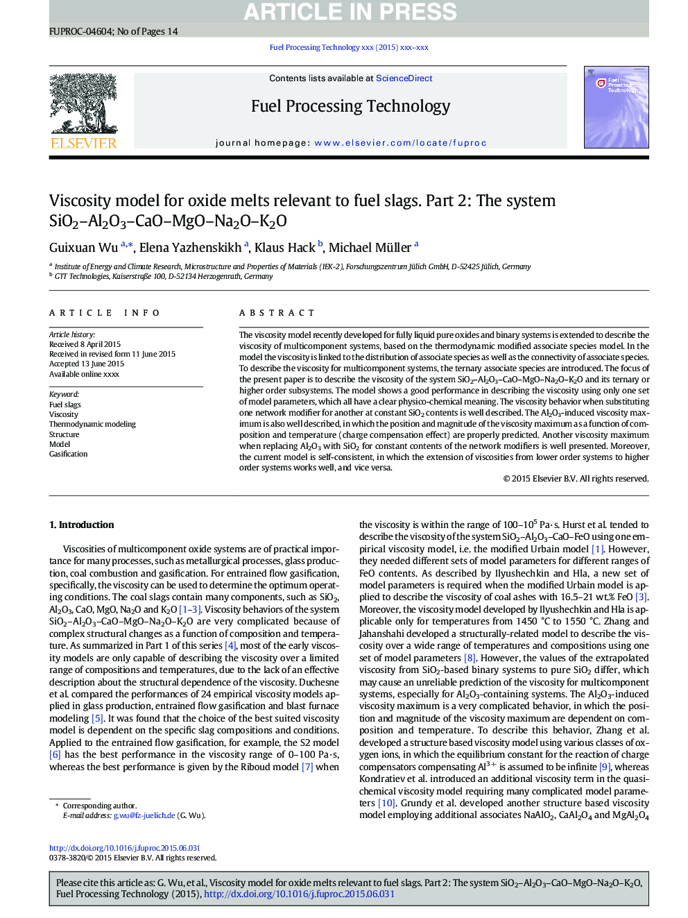 Viscosity model for oxide melts relevant to fuel slags. Part 2: The system SiO2-Al2O3-CaO-MgO-Na2O-K2O