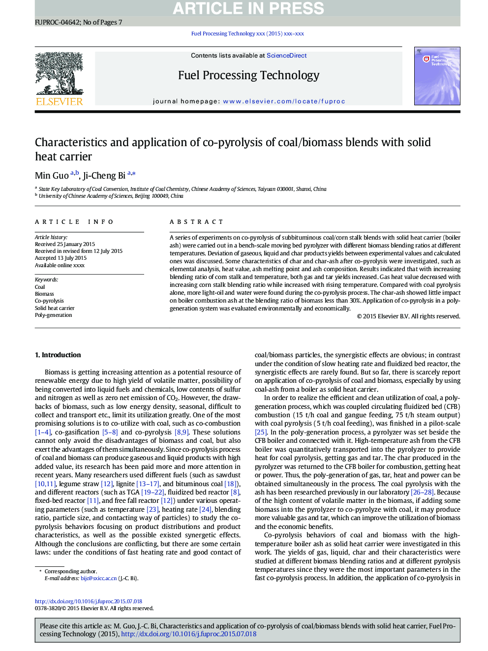 Characteristics and application of co-pyrolysis of coal/biomass blends with solid heat carrier