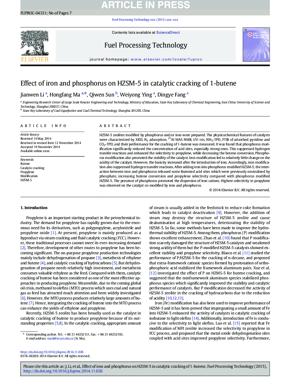 Effect of iron and phosphorus on HZSM-5 in catalytic cracking of 1-butene