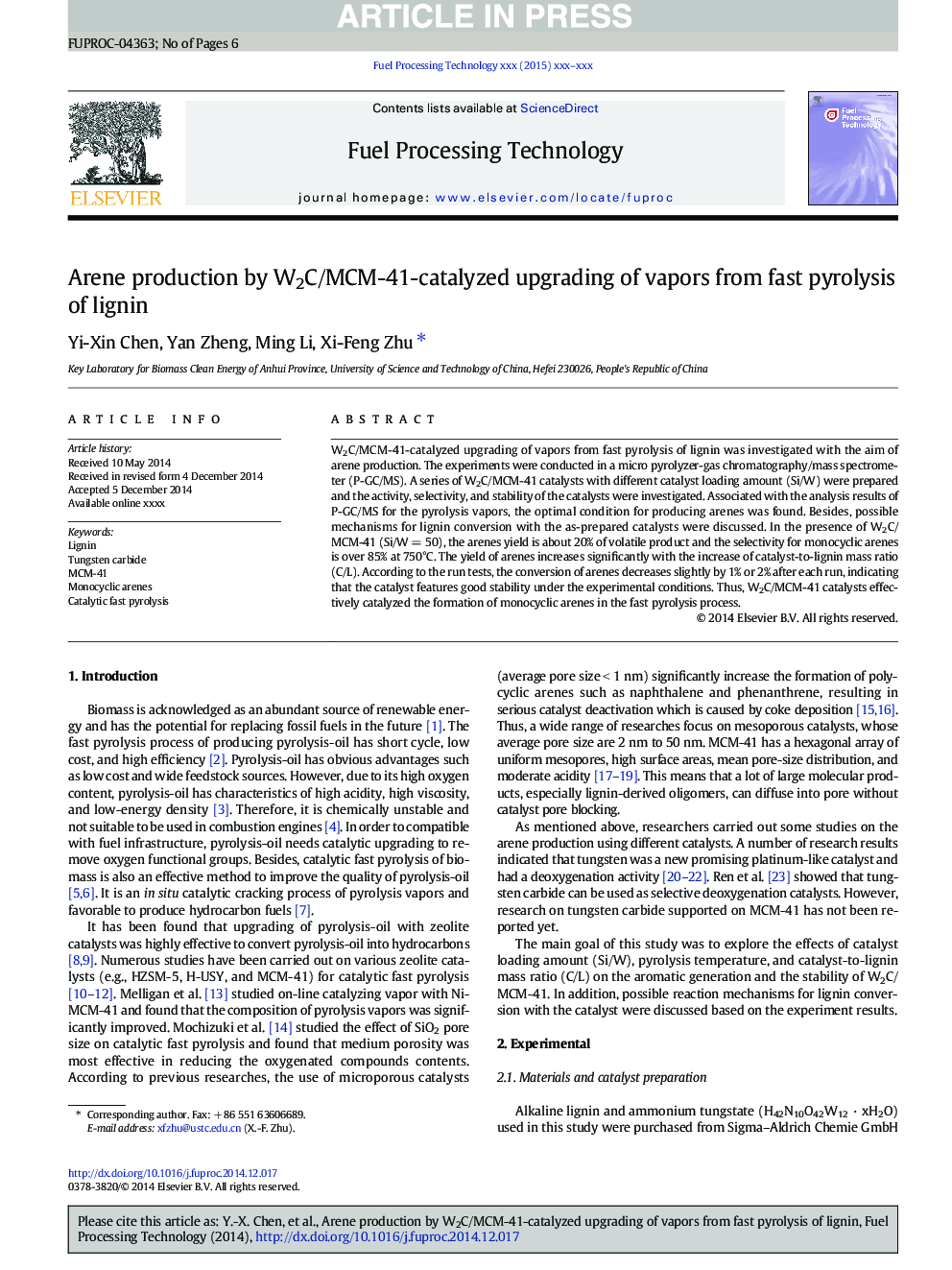 Arene production by W2C/MCM-41-catalyzed upgrading of vapors from fast pyrolysis of lignin