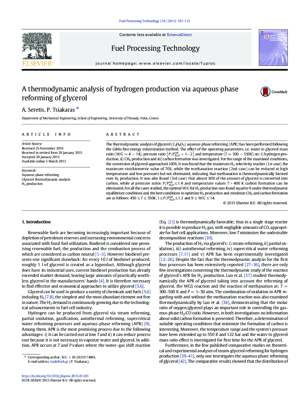 A thermodynamic analysis of hydrogen production via aqueous phase reforming of glycerol